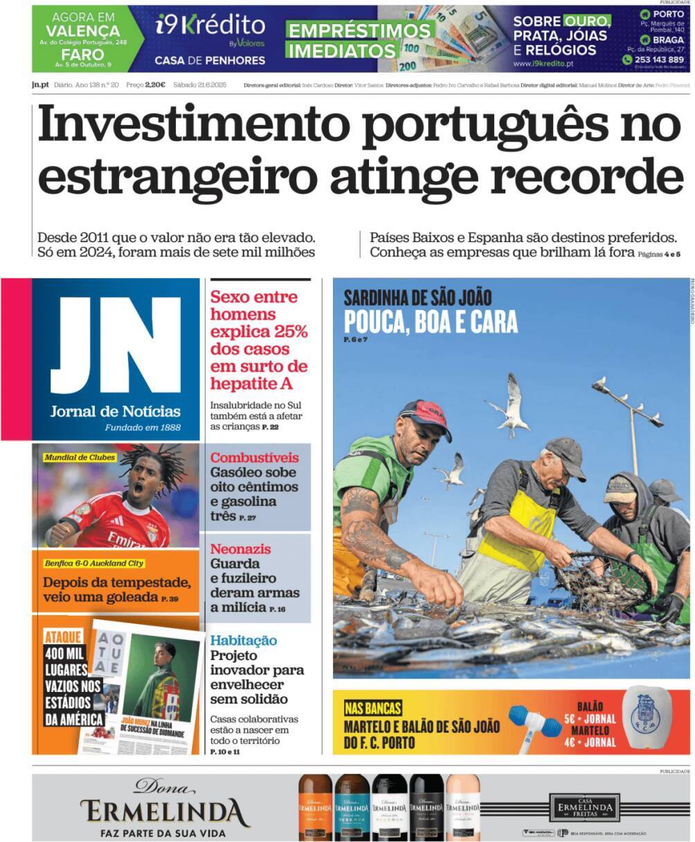 Jornal de Not&iacute;cias: Capa da Edi&ccedil;&atilde;o de s&aacute;bado, 21 de junho 2025