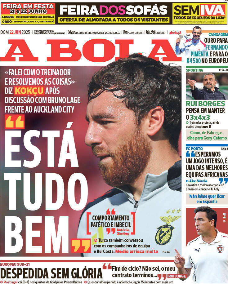 A Bola: Capa da Edi&ccedil;&atilde;o de domingo, 22 de junho 2025