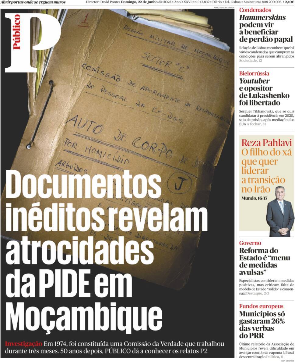 P&uacute;blico: Capa da Edi&ccedil;&atilde;o de domingo, 22 de junho 2025