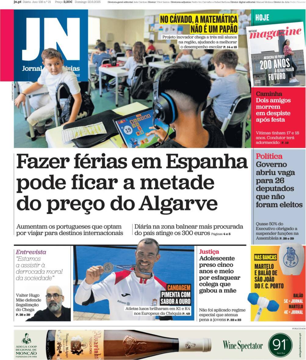 Jornal de Not&iacute;cias: Capa da Edi&ccedil;&atilde;o de domingo, 22 de junho 2025