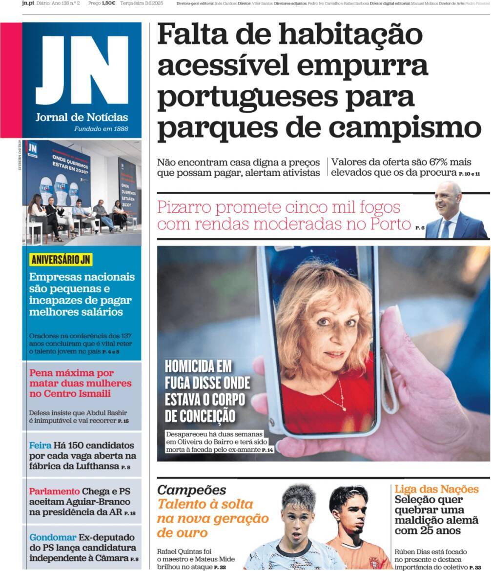 Jornal de Not&iacute;cias: Capa da Edi&ccedil;&atilde;o de ter&ccedil;a-feira, 03 de junho 2025