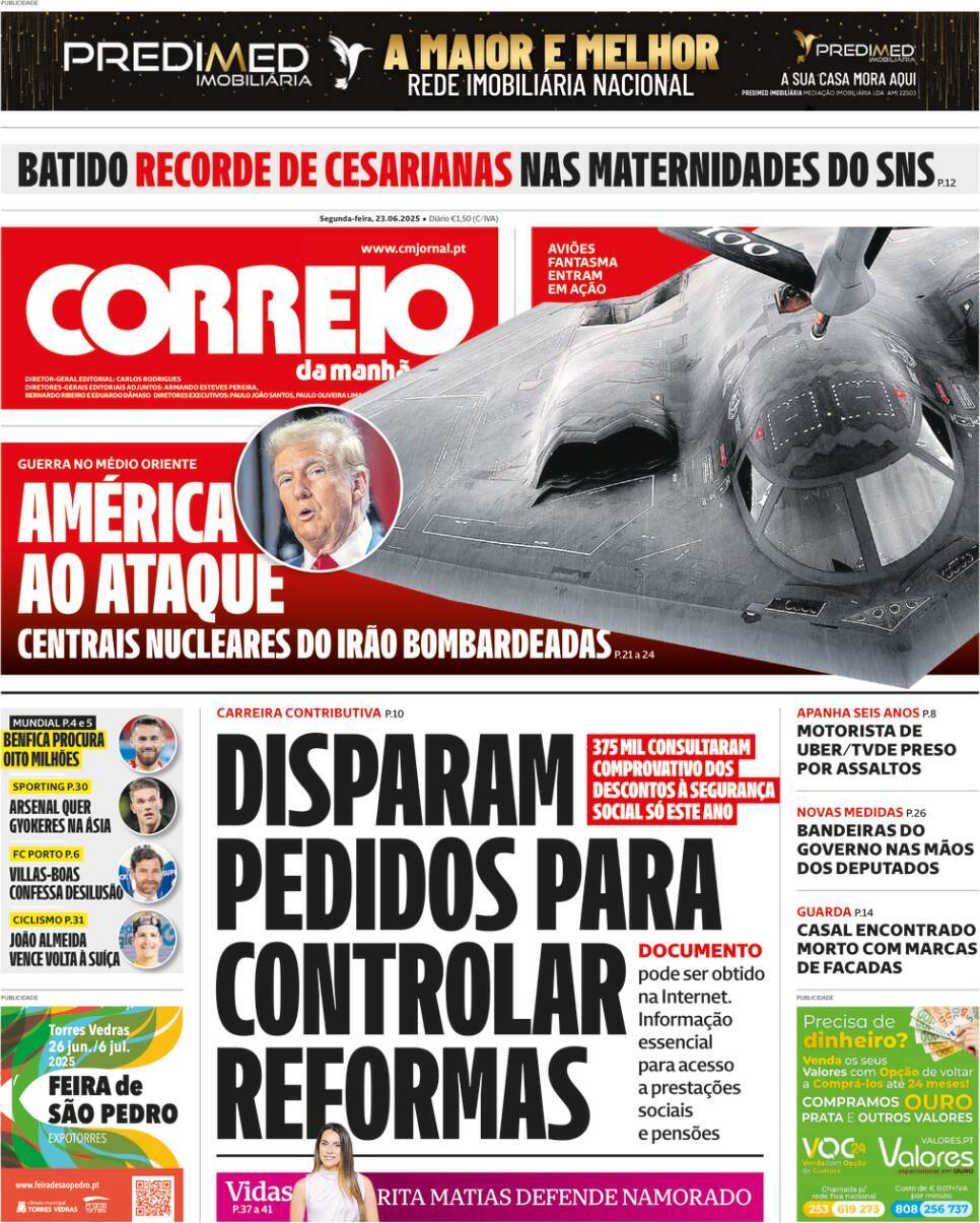 Correio da Manh&atilde;: Capa da Edi&ccedil;&atilde;o de segunda-feira, 23 de junho 2025