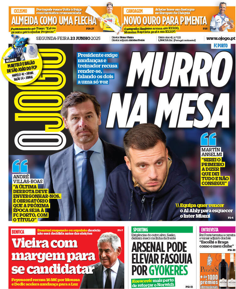 O Jogo: Capa da Edi&ccedil;&atilde;o de segunda-feira, 23 de junho 2025