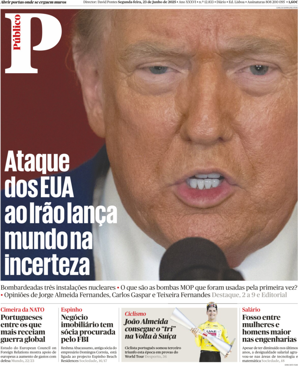 P&uacute;blico: Capa da Edi&ccedil;&atilde;o de segunda-feira, 23 de junho 2025