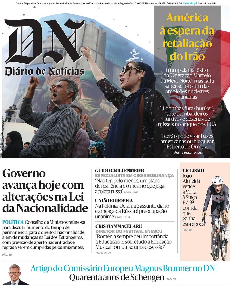 Di&aacute;rio de Not&iacute;cias: Capa da Edi&ccedil;&atilde;o de segunda-feira, 23 de junho 2025