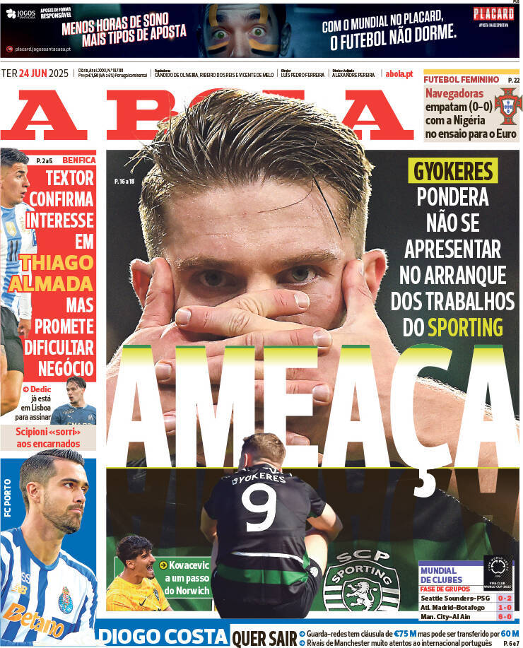 A Bola: Capa da Edi&ccedil;&atilde;o de ter&ccedil;a-feira, 24 de junho 2025