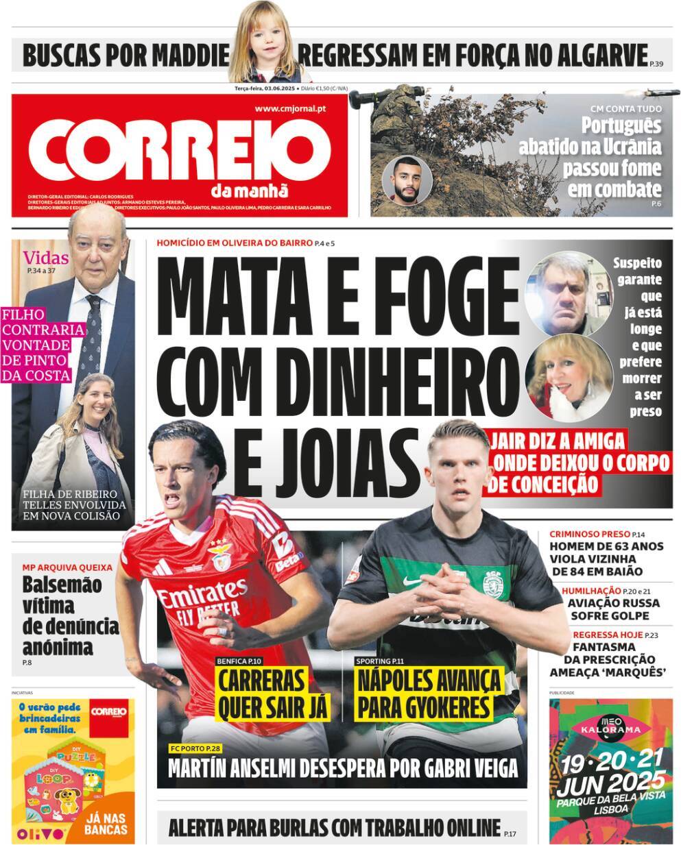 Correio da Manh&atilde;: Capa da Edi&ccedil;&atilde;o de ter&ccedil;a-feira, 03 de junho 2025