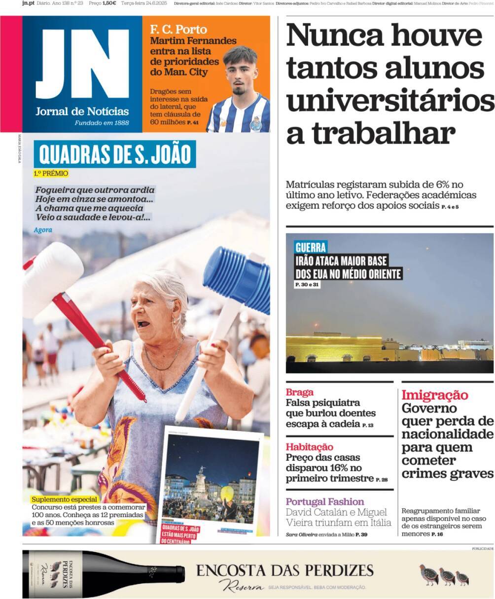 Jornal de Not&iacute;cias: Capa da Edi&ccedil;&atilde;o de ter&ccedil;a-feira, 24 de junho 2025