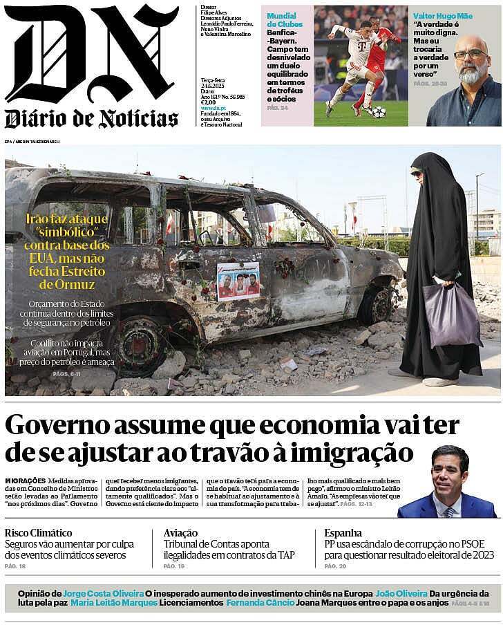 Di&aacute;rio de Not&iacute;cias: Capa da Edi&ccedil;&atilde;o de ter&ccedil;a-feira, 24 de junho 2025