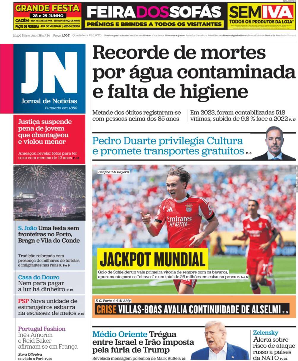Jornal de Not&iacute;cias: Capa da Edi&ccedil;&atilde;o de quarta-feira, 25 de junho 2025