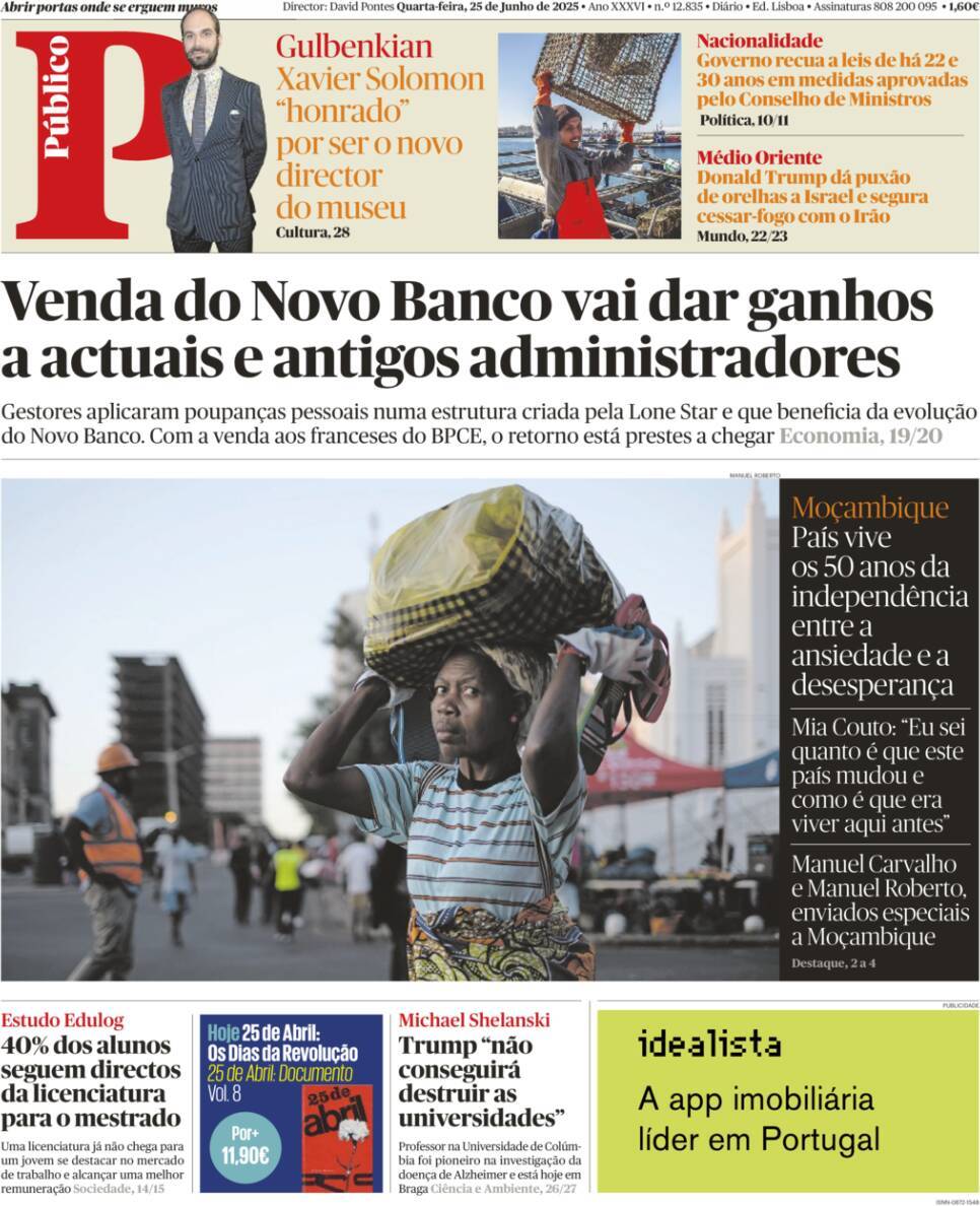 P&uacute;blico: Capa da Edi&ccedil;&atilde;o de quarta-feira, 25 de junho 2025