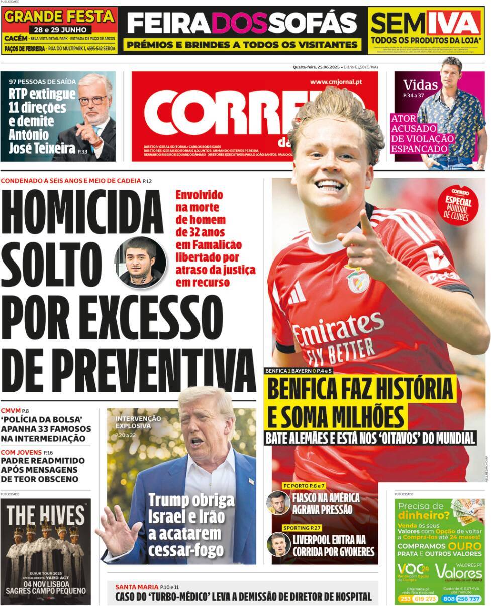 Correio da Manh&atilde;: Capa da Edi&ccedil;&atilde;o de quarta-feira, 25 de junho 2025