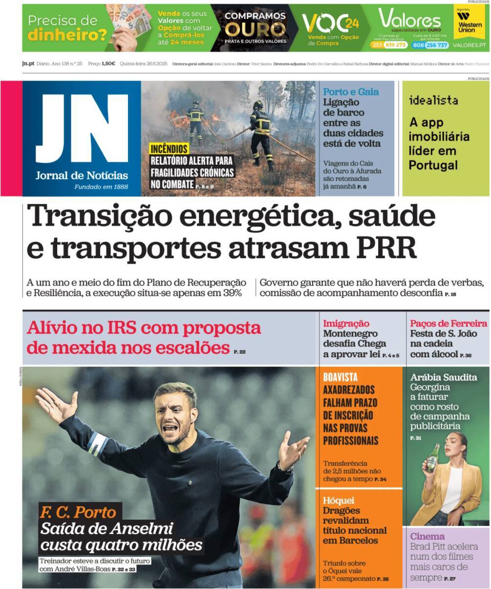 Jornal de Not&iacute;cias: Capa da Edi&ccedil;&atilde;o de quinta-feira, 26 de junho 2025
