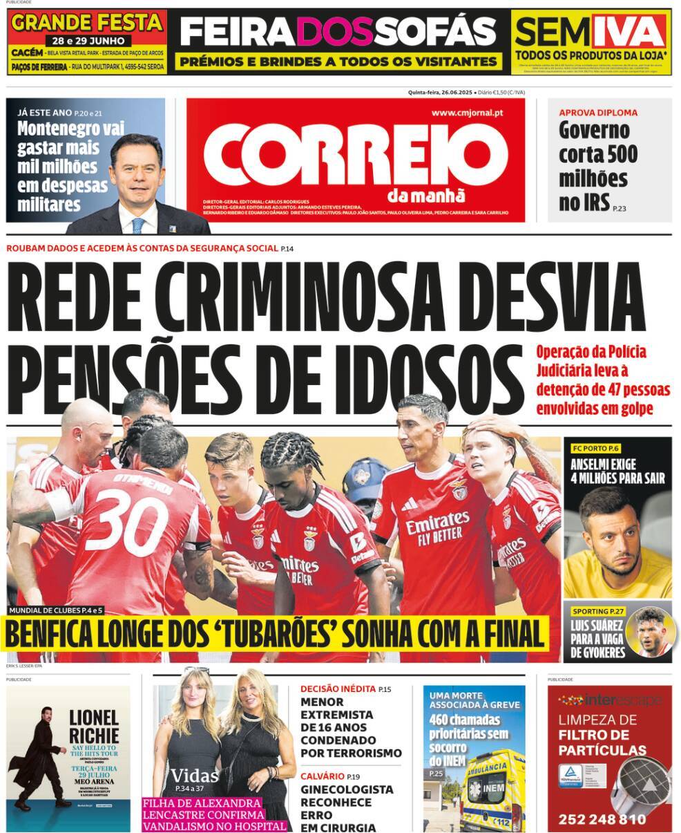 Correio da Manh&atilde;: Capa da Edi&ccedil;&atilde;o de quinta-feira, 26 de junho 2025