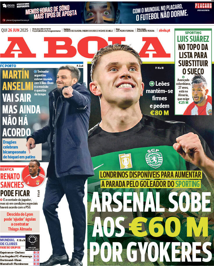 A Bola: Capa da Edi&ccedil;&atilde;o de quinta-feira, 26 de junho 2025