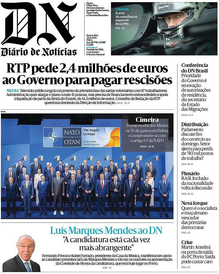 Di&aacute;rio de Not&iacute;cias: Capa da Edi&ccedil;&atilde;o de quinta-feira, 26 de junho 2025