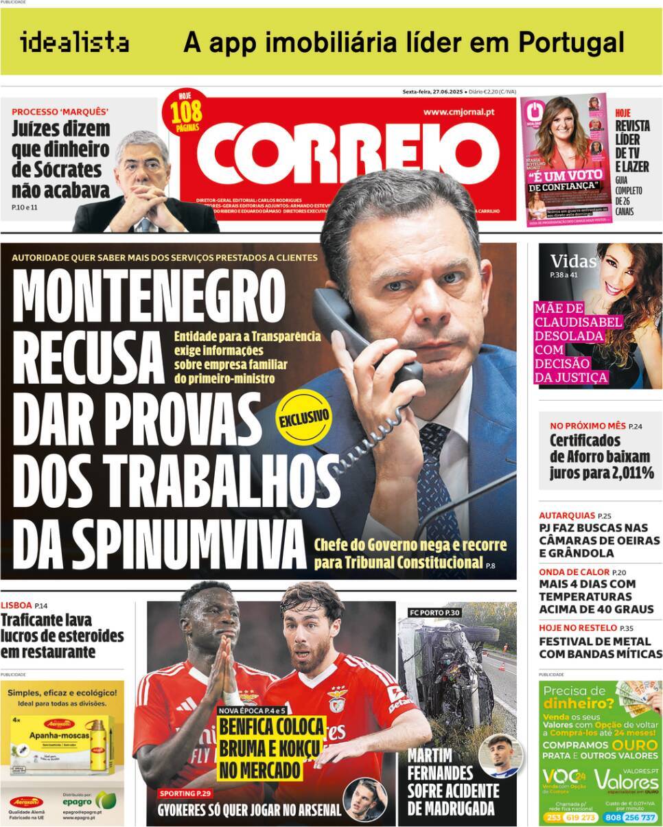 Correio da Manh&atilde;: Capa da Edi&ccedil;&atilde;o de sexta-feira, 27 de junho 2025