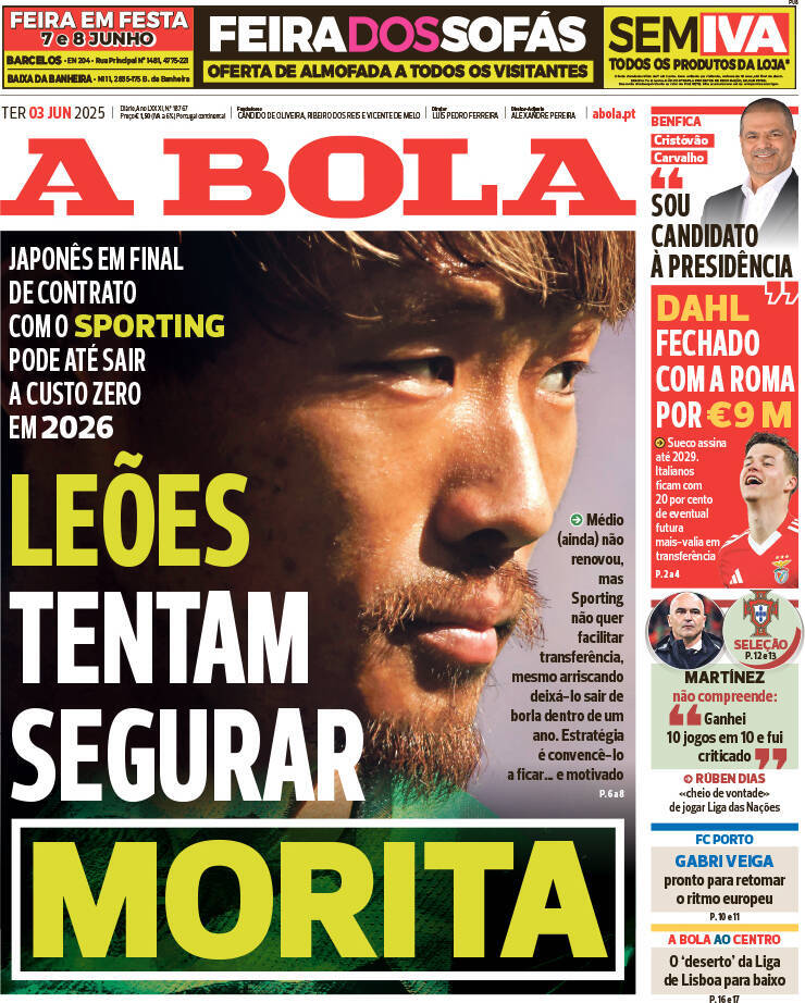 A Bola: Capa da Edi&ccedil;&atilde;o de ter&ccedil;a-feira, 03 de junho 2025