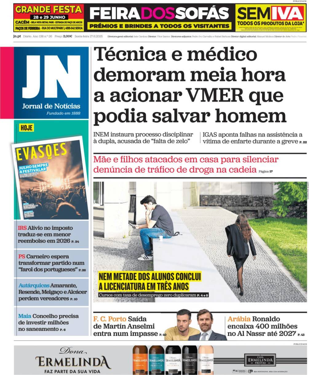 Jornal de Not&iacute;cias: Capa da Edi&ccedil;&atilde;o de sexta-feira, 27 de junho 2025