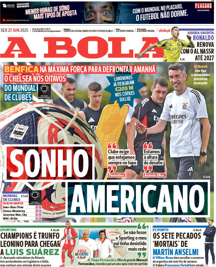 A Bola: Capa da Edi&ccedil;&atilde;o de sexta-feira, 27 de junho 2025