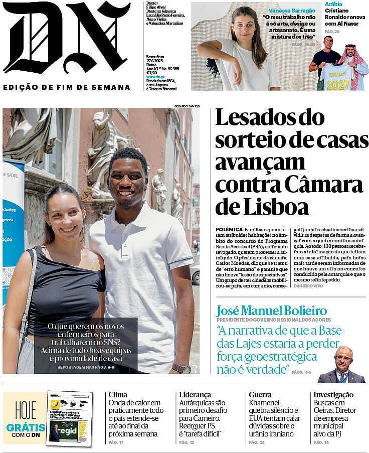 Di&aacute;rio de Not&iacute;cias: Capa da Edi&ccedil;&atilde;o de sexta-feira, 27 de junho 2025