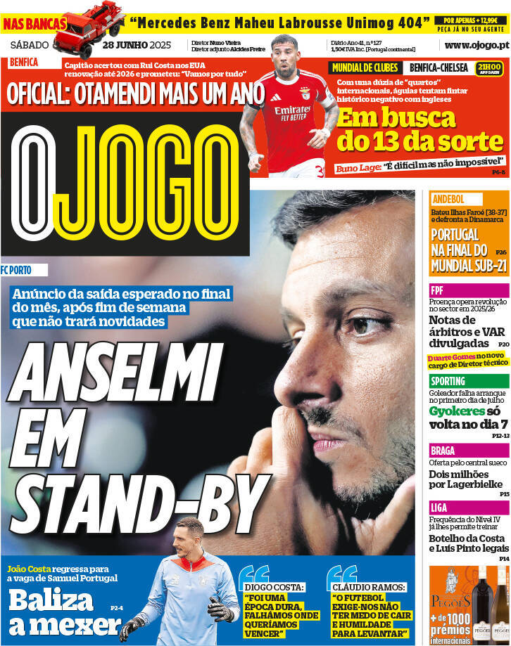 O Jogo: Capa da Edi&ccedil;&atilde;o de s&aacute;bado, 28 de junho 2025