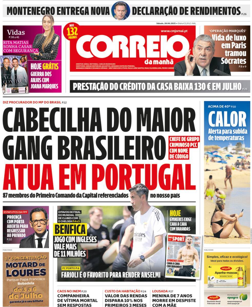 Correio da Manh&atilde;: Capa da Edi&ccedil;&atilde;o de s&aacute;bado, 28 de junho 2025