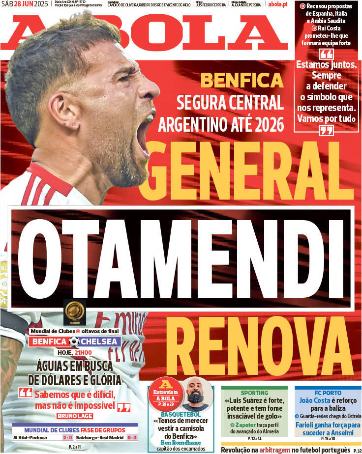 A Bola: Capa da Edi&ccedil;&atilde;o de s&aacute;bado, 28 de junho 2025