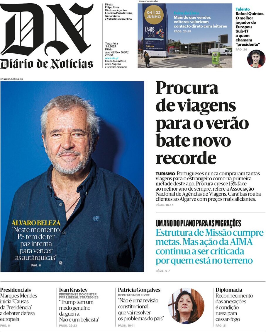 Di&aacute;rio de Not&iacute;cias: Capa da Edi&ccedil;&atilde;o de ter&ccedil;a-feira, 03 de junho 2025