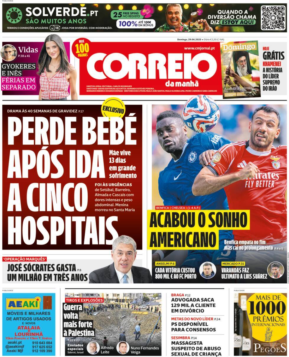 Correio da Manh&atilde;: Capa da Edi&ccedil;&atilde;o de domingo, 29 de junho 2025