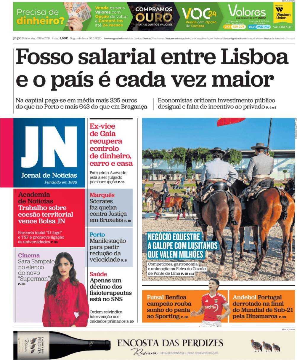 Jornal de Not&iacute;cias: Capa da Edi&ccedil;&atilde;o de segunda-feira, 30 de junho 2025