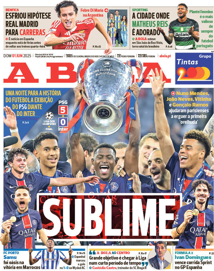 A Bola: Capa da Edi&ccedil;&atilde;o de domingo, 01 de junho 2025