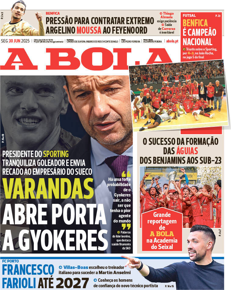 A Bola: Capa da Edi&ccedil;&atilde;o de segunda-feira, 30 de junho 2025
