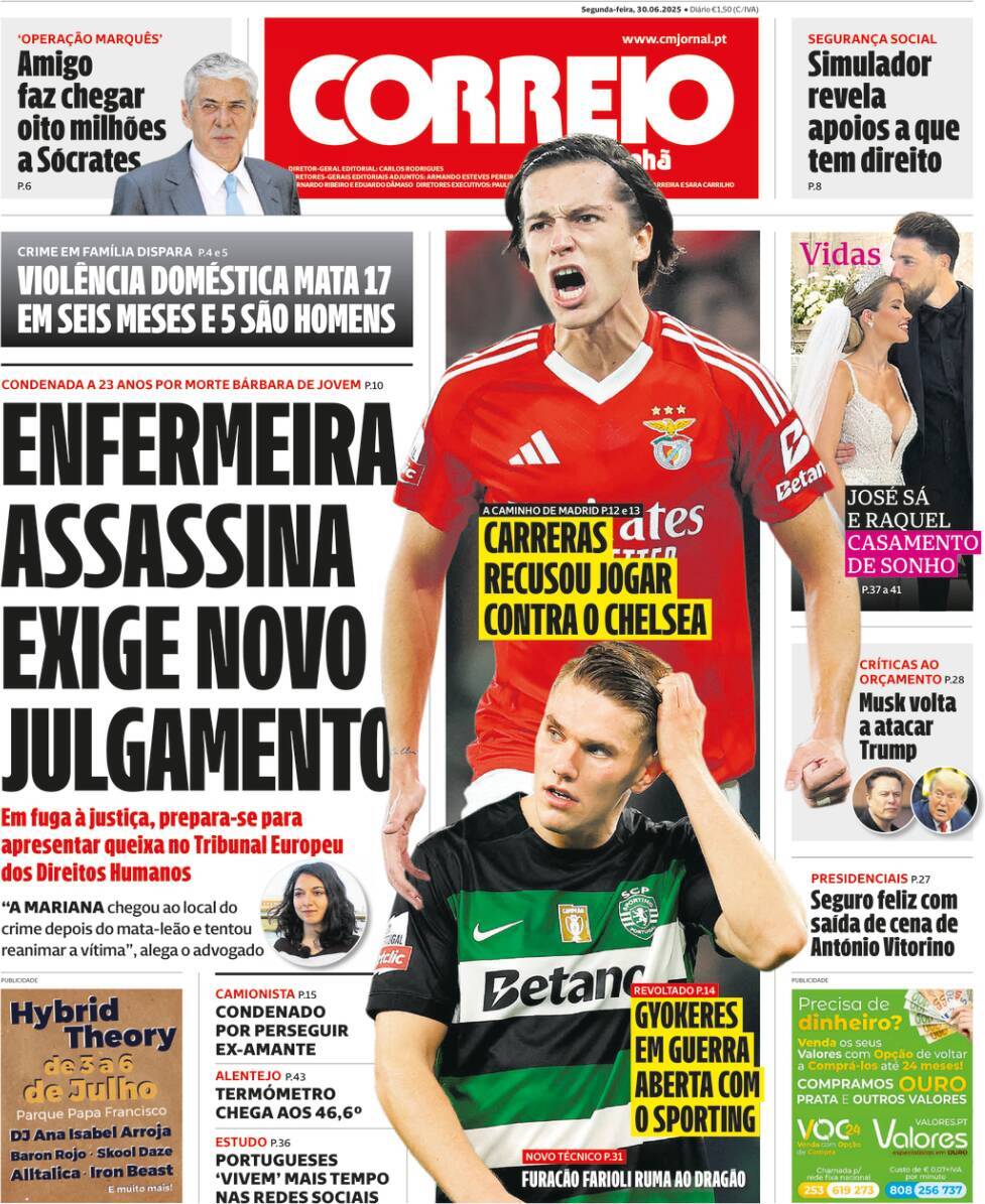 Correio da Manh&atilde;: Capa da Edi&ccedil;&atilde;o de segunda-feira, 30 de junho 2025
