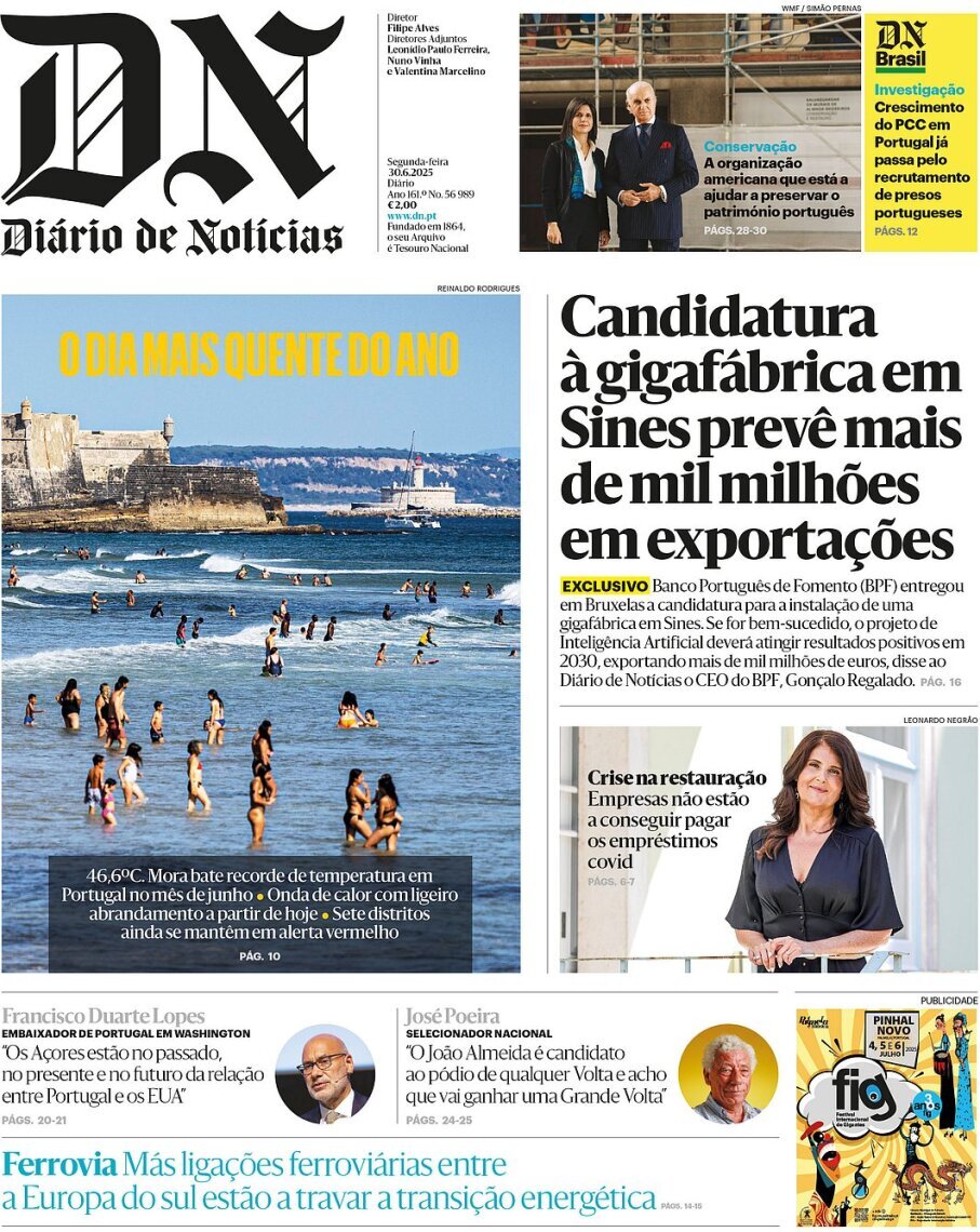 Di&aacute;rio de Not&iacute;cias: Capa da Edi&ccedil;&atilde;o de segunda-feira, 30 de junho 2025