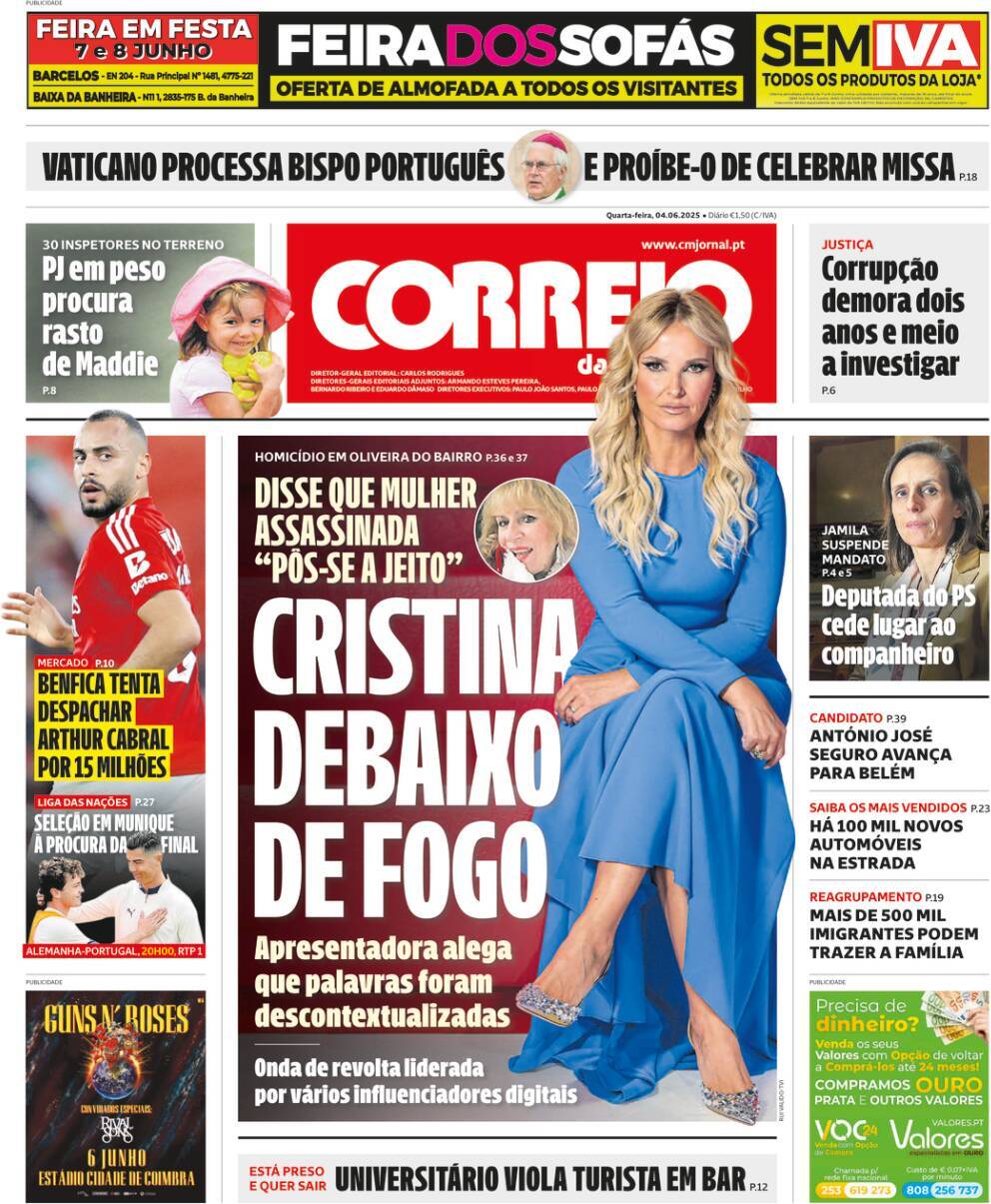 Correio da Manh&atilde;: Capa da Edi&ccedil;&atilde;o de quarta-feira, 04 de junho 2025