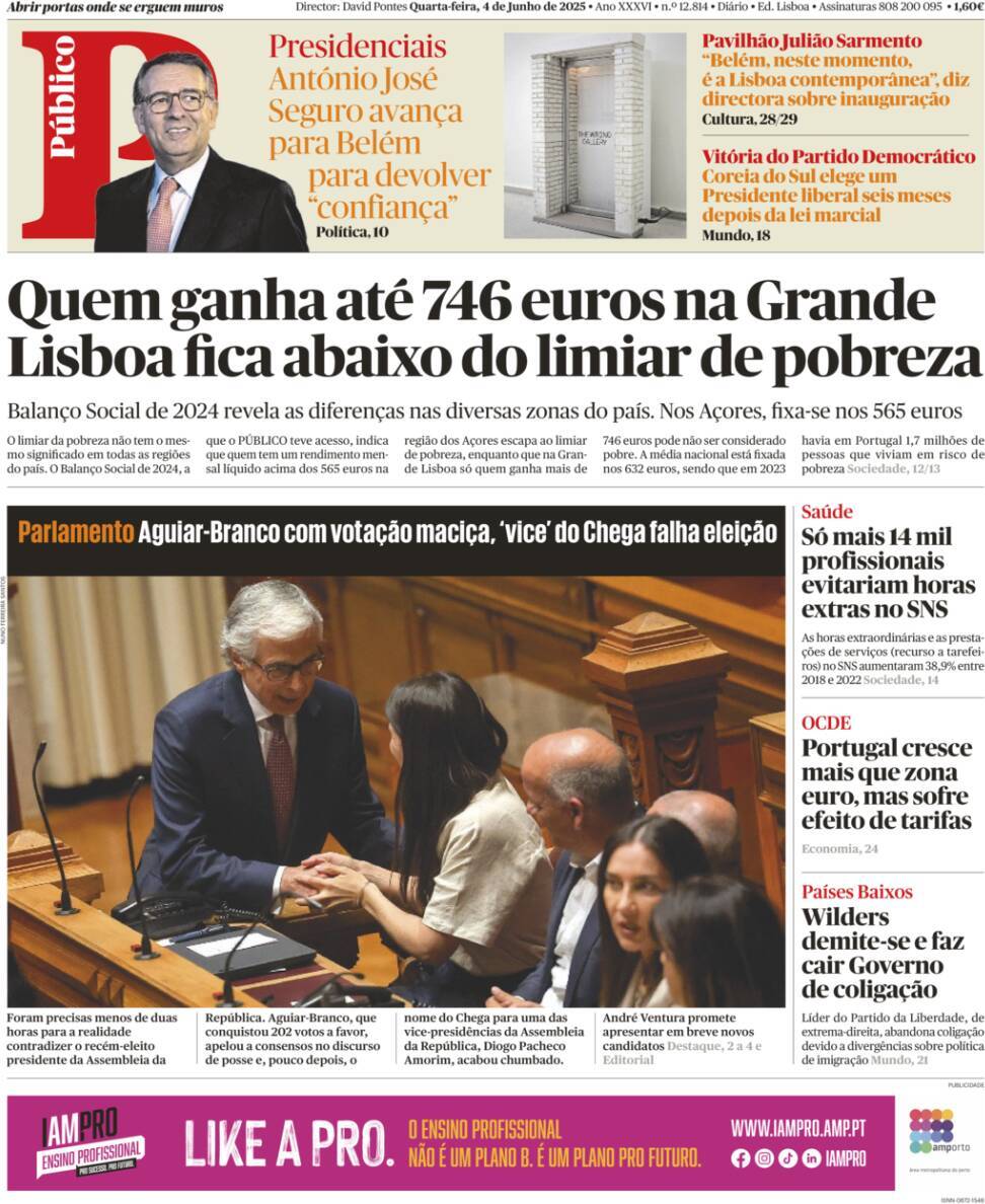 P&uacute;blico: Capa da Edi&ccedil;&atilde;o de quarta-feira, 04 de junho 2025