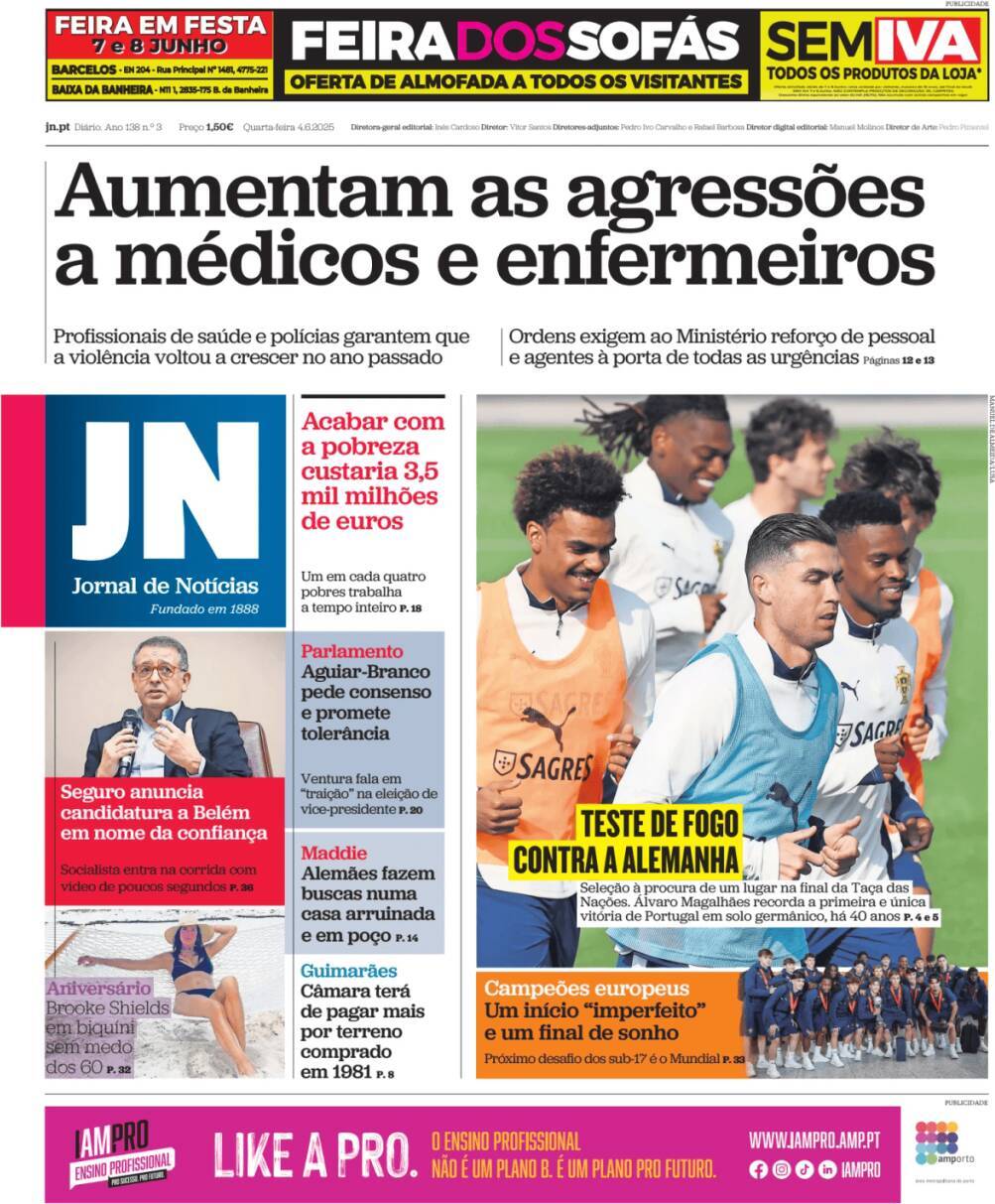 Jornal de Not&iacute;cias: Capa da Edi&ccedil;&atilde;o de quarta-feira, 04 de junho 2025