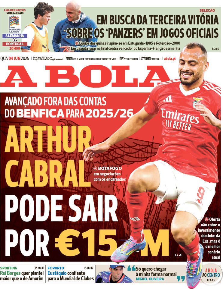 A Bola: Capa da Edi&ccedil;&atilde;o de quarta-feira, 04 de junho 2025