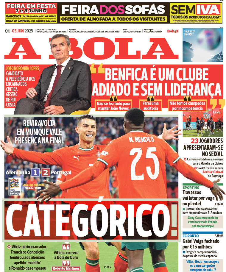 A Bola: Capa da Edi&ccedil;&atilde;o de quinta-feira, 05 de junho 2025