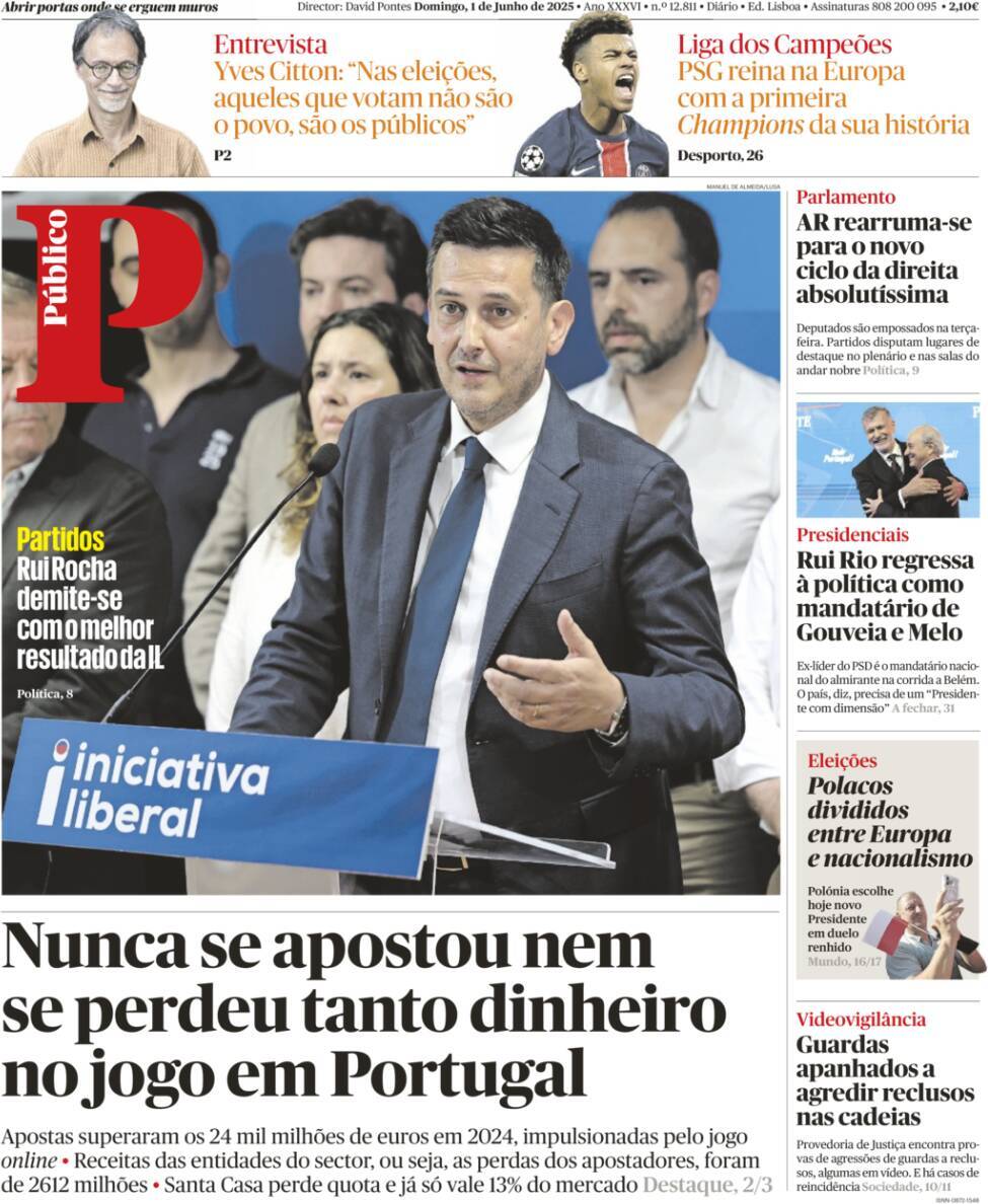P&uacute;blico: Capa da Edi&ccedil;&atilde;o de domingo, 01 de junho 2025