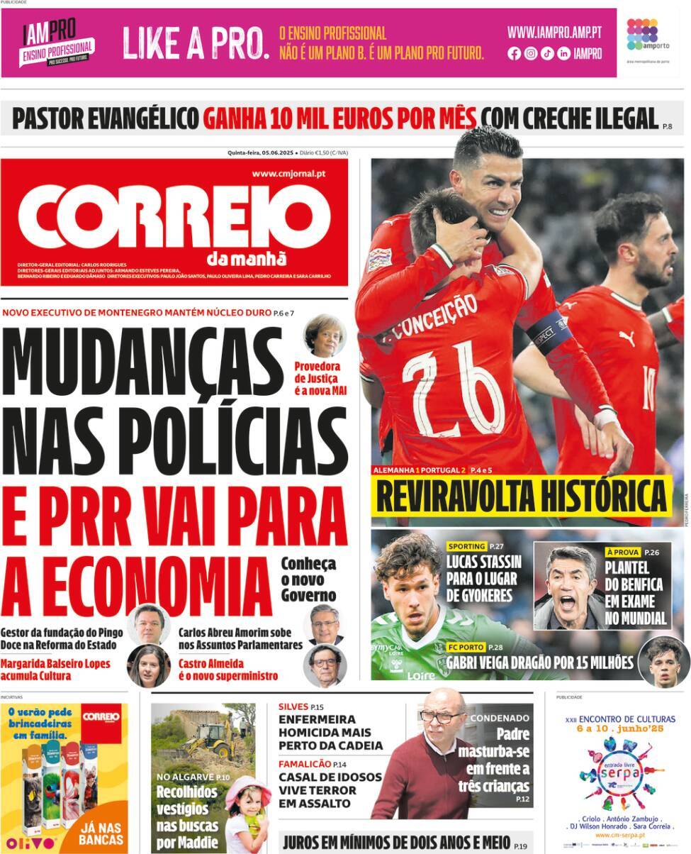 Correio da Manh&atilde;: Capa da Edi&ccedil;&atilde;o de quinta-feira, 05 de junho 2025