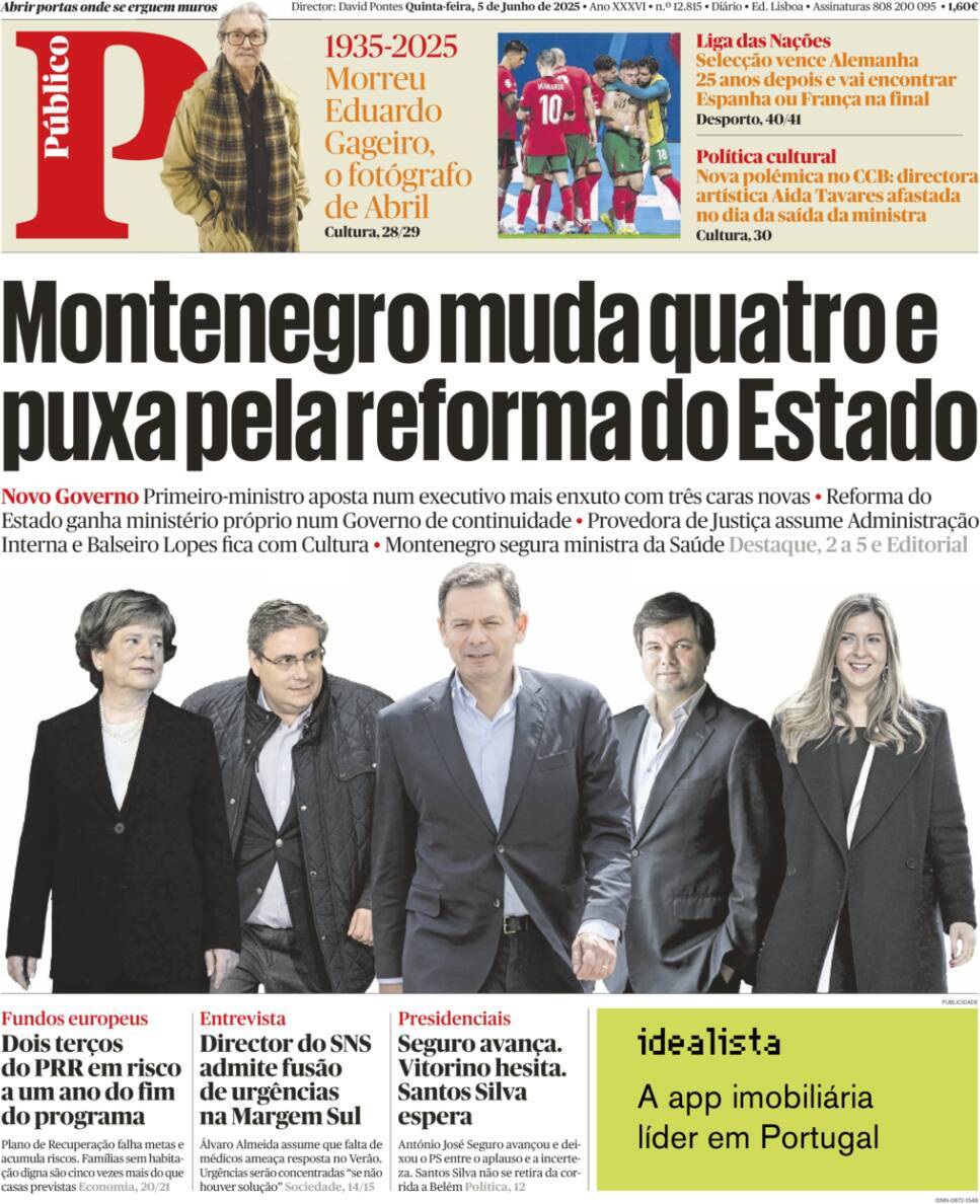 P&uacute;blico: Capa da Edi&ccedil;&atilde;o de quinta-feira, 05 de junho 2025