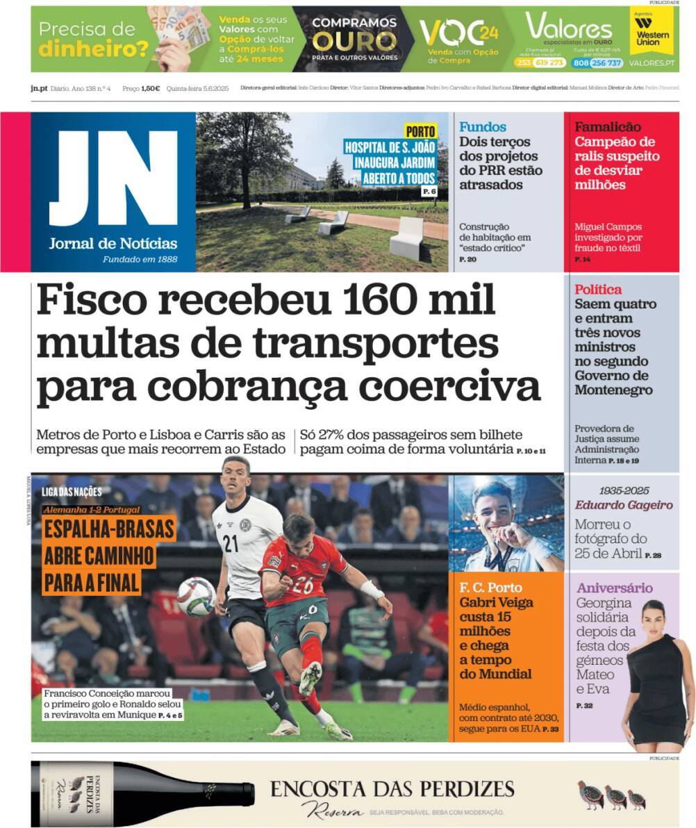 Jornal de Not&iacute;cias: Capa da Edi&ccedil;&atilde;o de quinta-feira, 05 de junho 2025