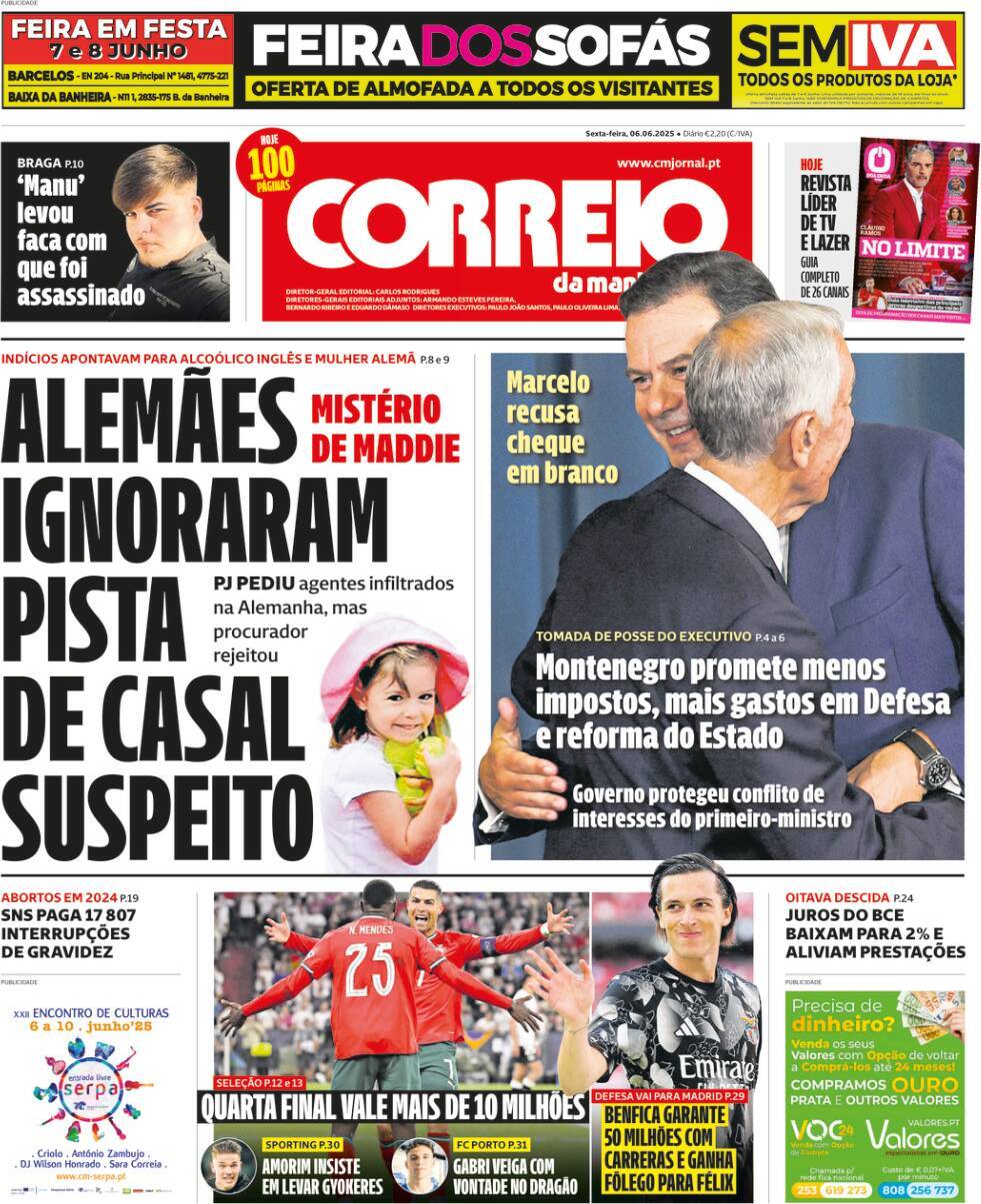 Correio da Manh&atilde;: Capa da Edi&ccedil;&atilde;o de sexta-feira, 06 de junho 2025