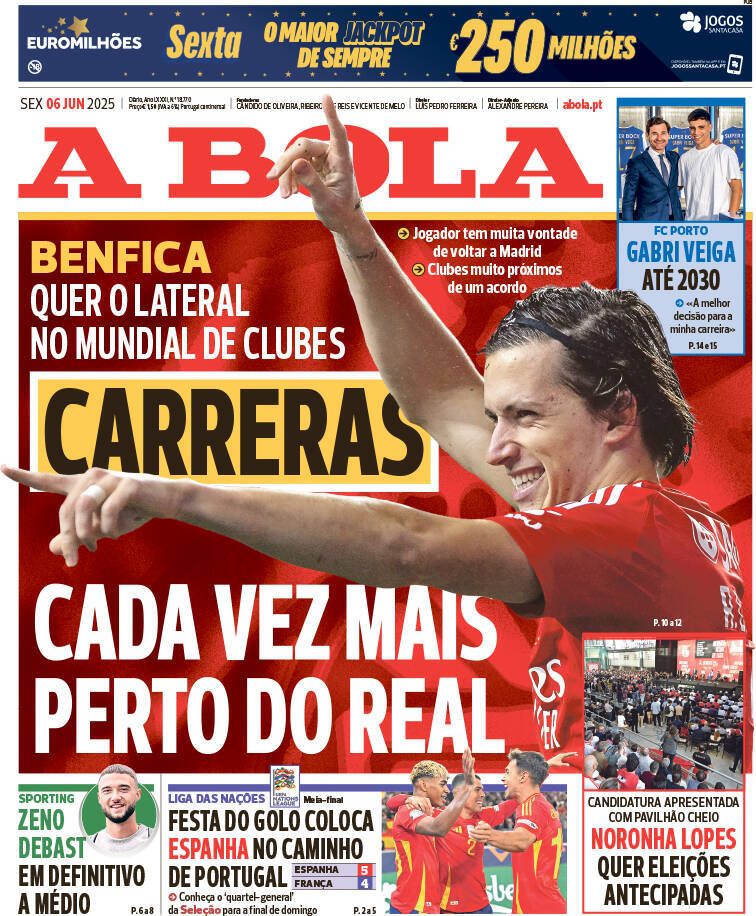 A Bola: Capa da Edi&ccedil;&atilde;o de sexta-feira, 06 de junho 2025