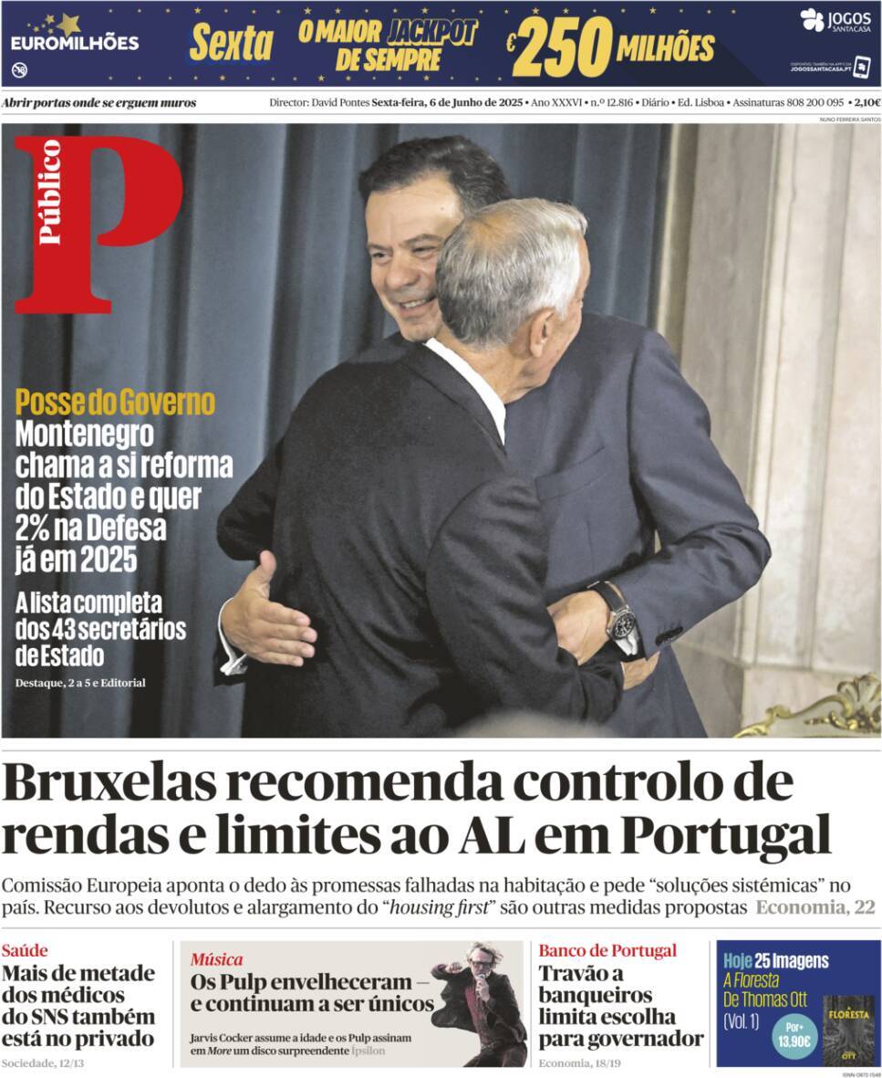 P&uacute;blico: Capa da Edi&ccedil;&atilde;o de sexta-feira, 06 de junho 2025