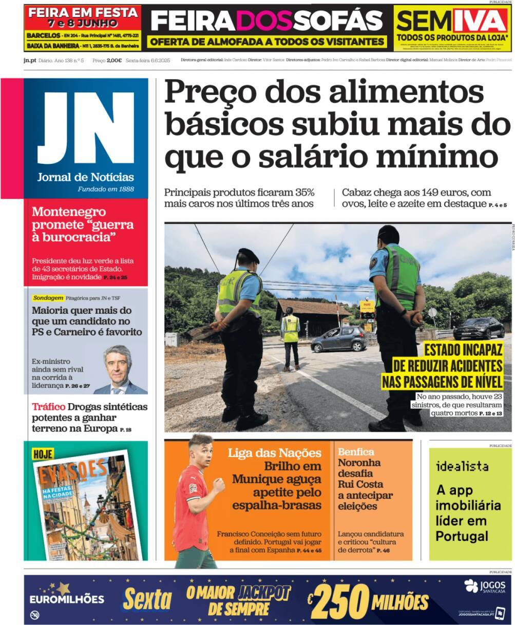 Jornal de Not&iacute;cias: Capa da Edi&ccedil;&atilde;o de sexta-feira, 06 de junho 2025