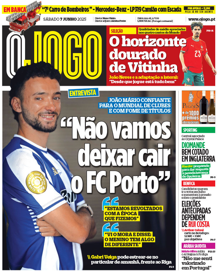 O Jogo: Capa da Edi&ccedil;&atilde;o de s&aacute;bado, 07 de junho 2025