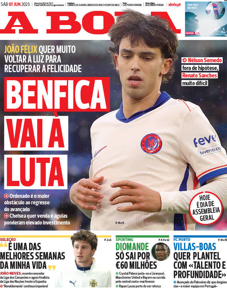 A Bola: Capa da Edi&ccedil;&atilde;o de s&aacute;bado, 07 de junho 2025